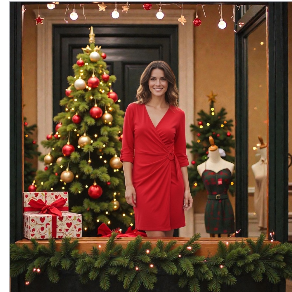 Wrap Dress Lemmi for Nina Leonard NWT RED Poly/Spandex Size Lrg Gold Belt Loop - Picture 13 of 14
